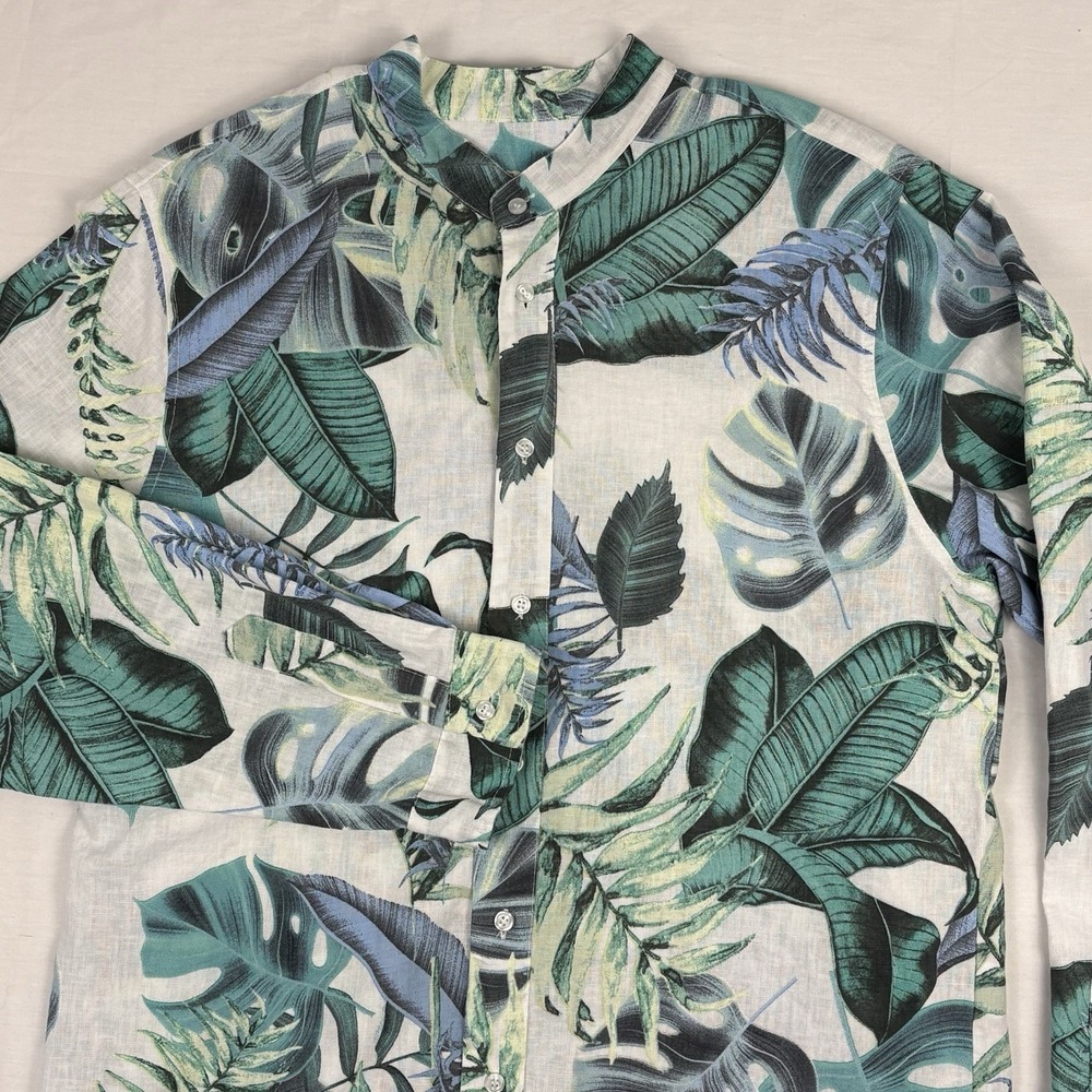 VTG 80s/90s Puro Lino Tropical Monstera/Banana Leaf Linen Band Collar Large EUC